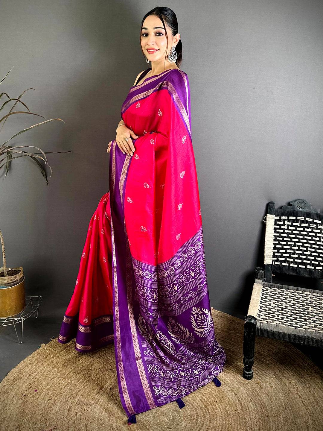 Rani Pink Soft Dola Block Print Pallu Saree