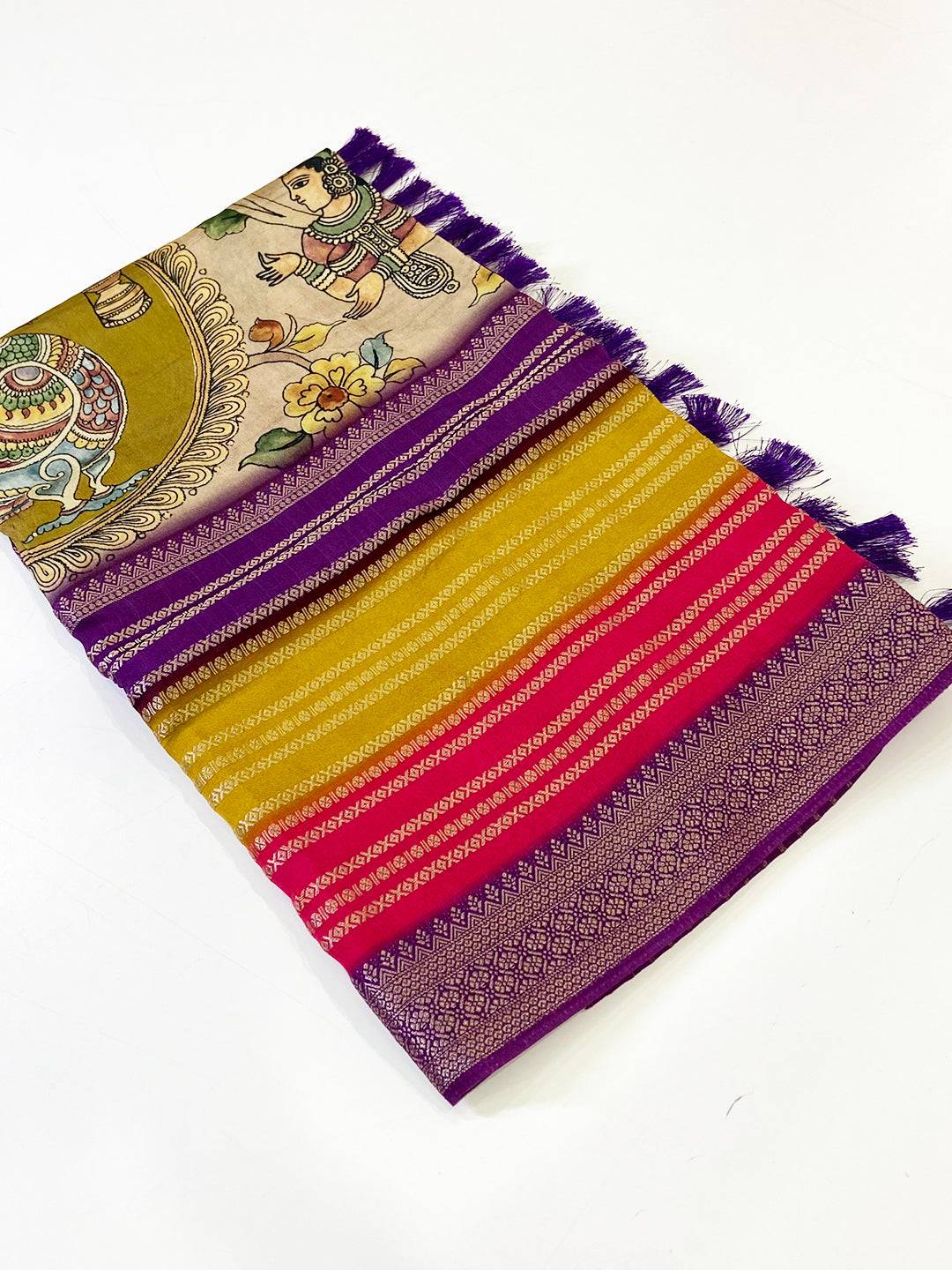 Radiance Soft Silk Kalamkari Zari Stripe Saree