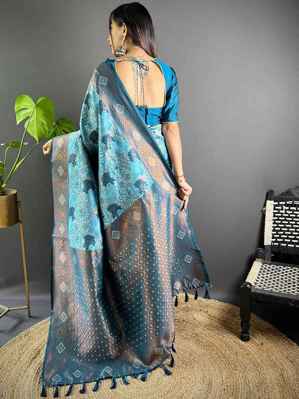 Back view of Sky Blue Soft Silk Butta Weaving Saree