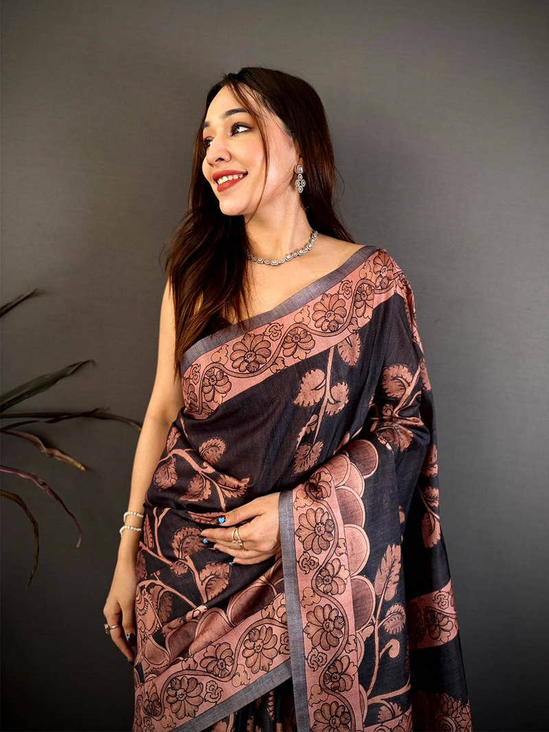 Black Soft Tussar Kalamkari Print Saree