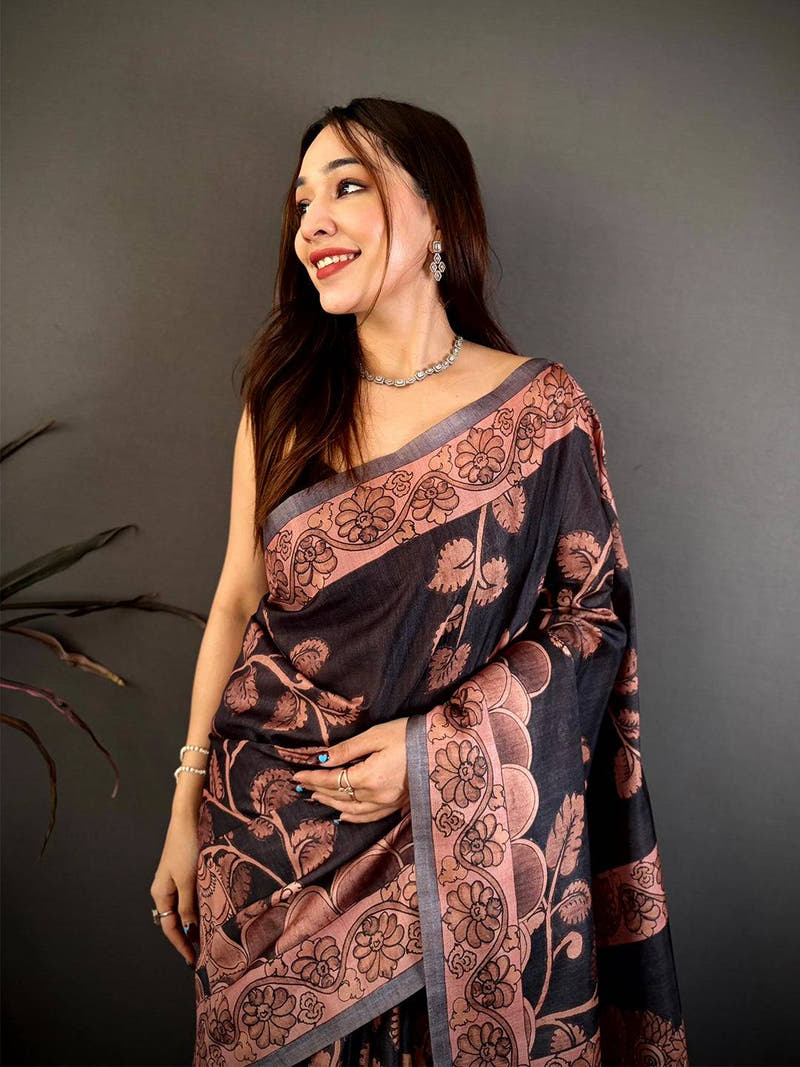 Black Soft Tussar Kalamkari Print Saree