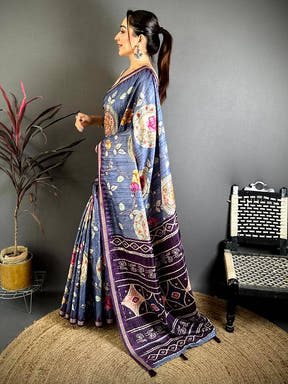 Stylish Pochampally Art Pallu Tussar Saree