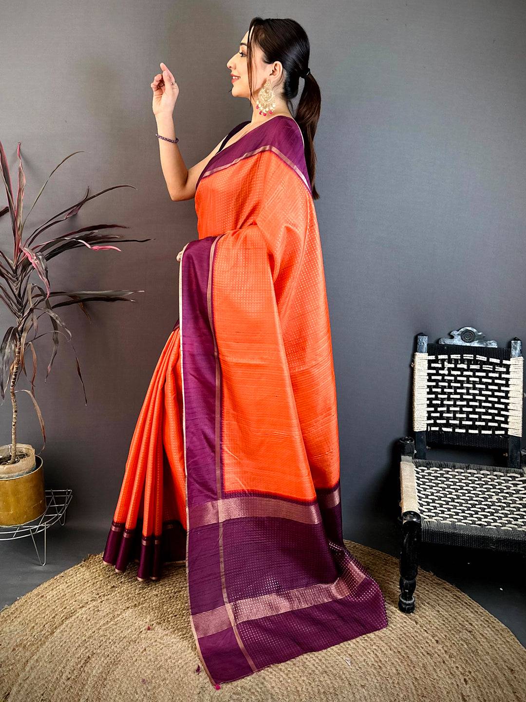 Saffron Orange Tussar Gold Zari 1000 Butti Saree