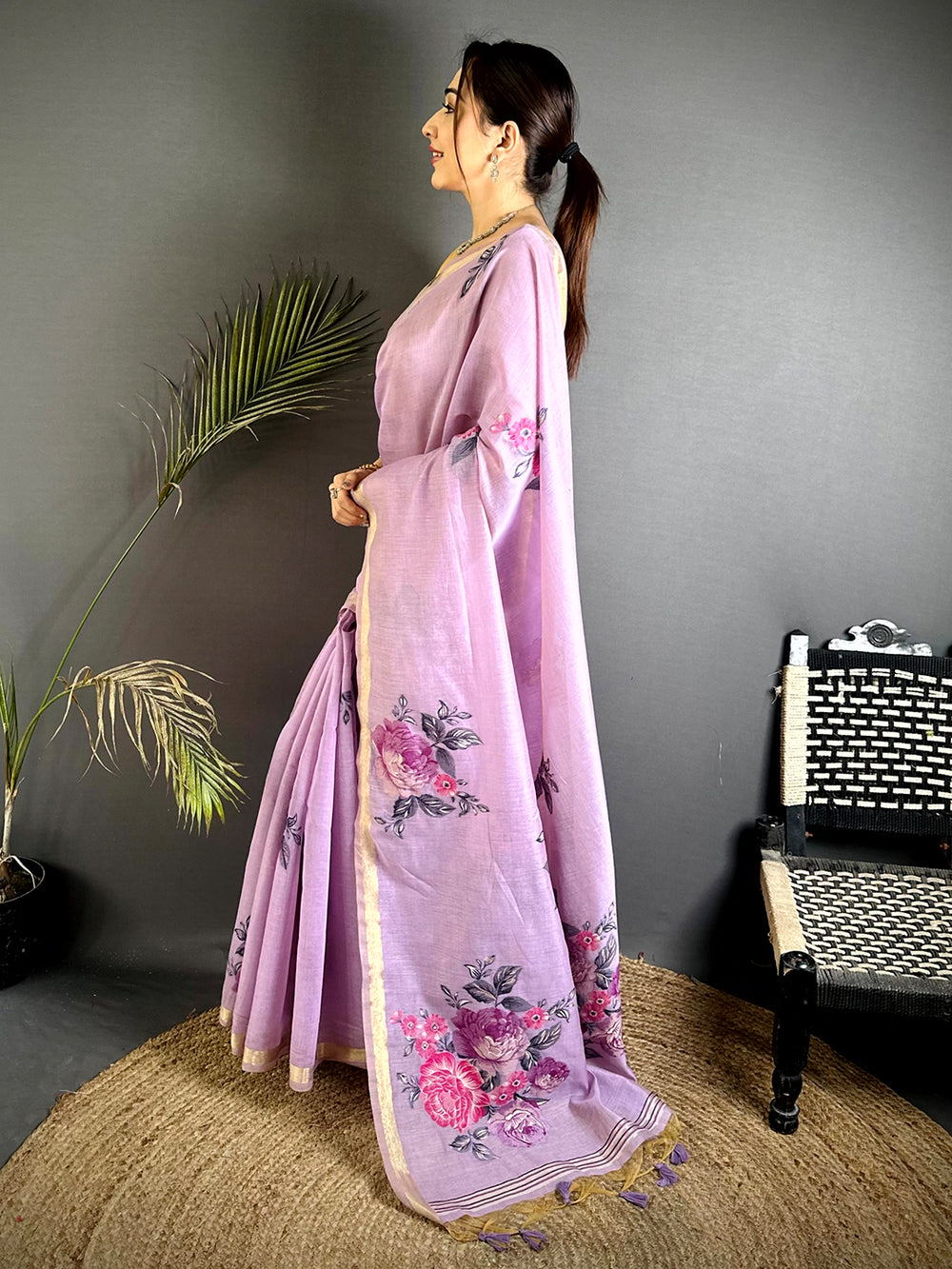 Heritage Floral Khadi Linen Zari Saree