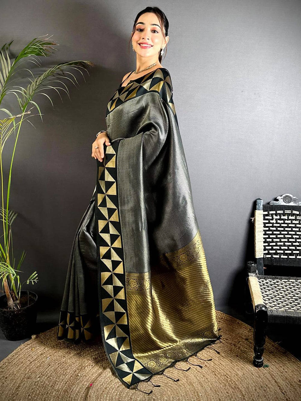 Black Sona Chandi Weave Katan Silk Saree

