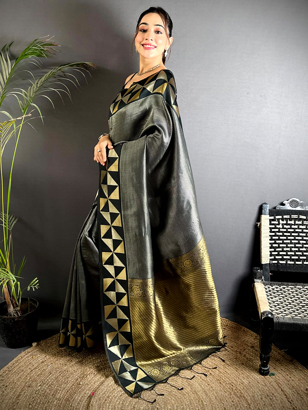 Black Sona Chandi Weave Katan Silk Saree