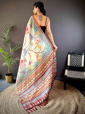 Floral Breeze Blue Chanderi Saree