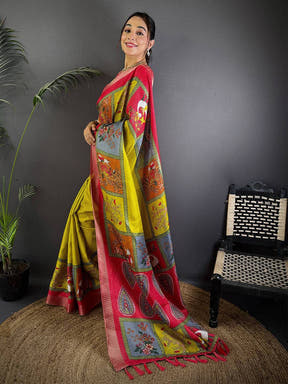 Olive Pure Viscose Kalalmkari Print Saree