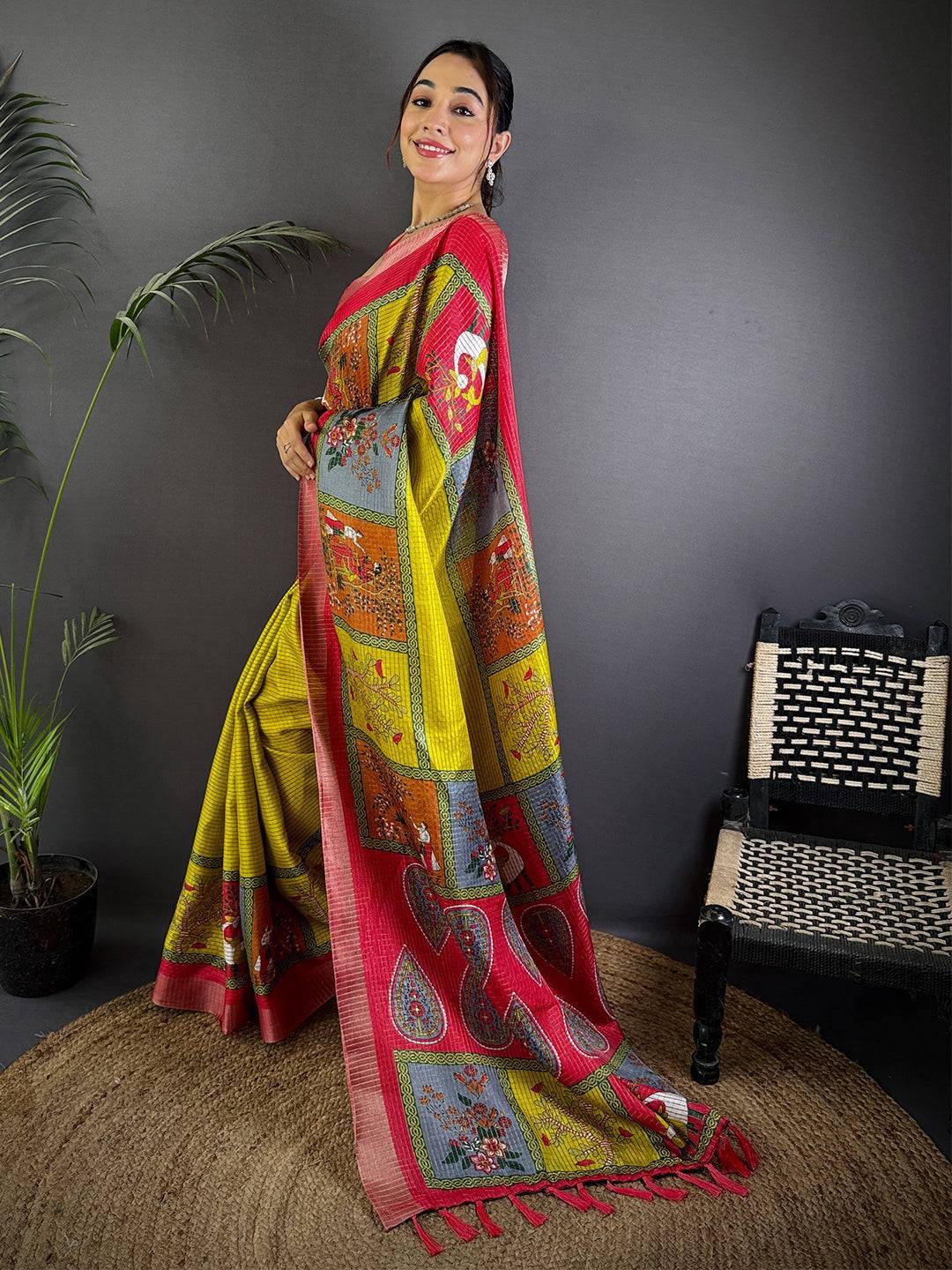 Olive Pure Viscose Kalalmkari Print Saree