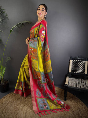 Olive Pure Viscose Kalalmkari Print Saree