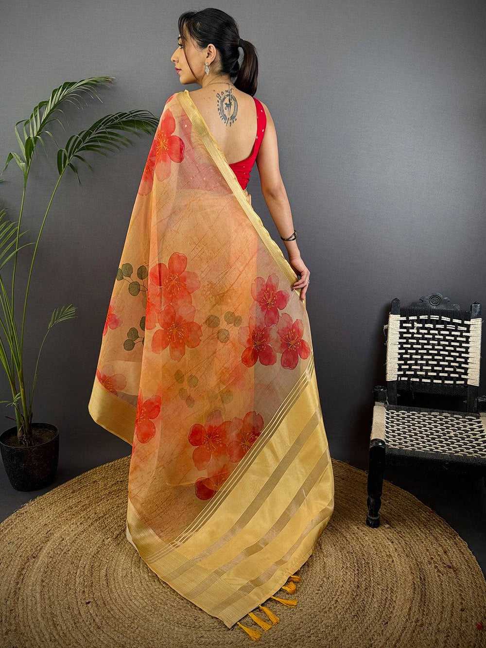 Peach Soft Organza Digital Print Saree