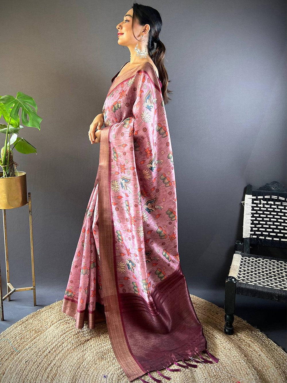 Brown Kalamkari Tussar Silk Saree