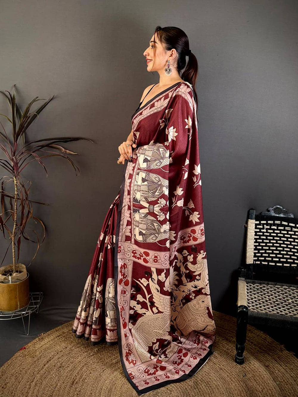 Elegant Maroon Kalamkari Printed Tussar Saree