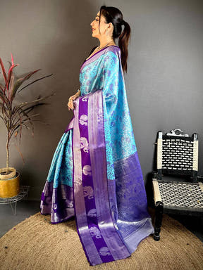 Sky Blue Dharmavaram Double Ikkat Saree