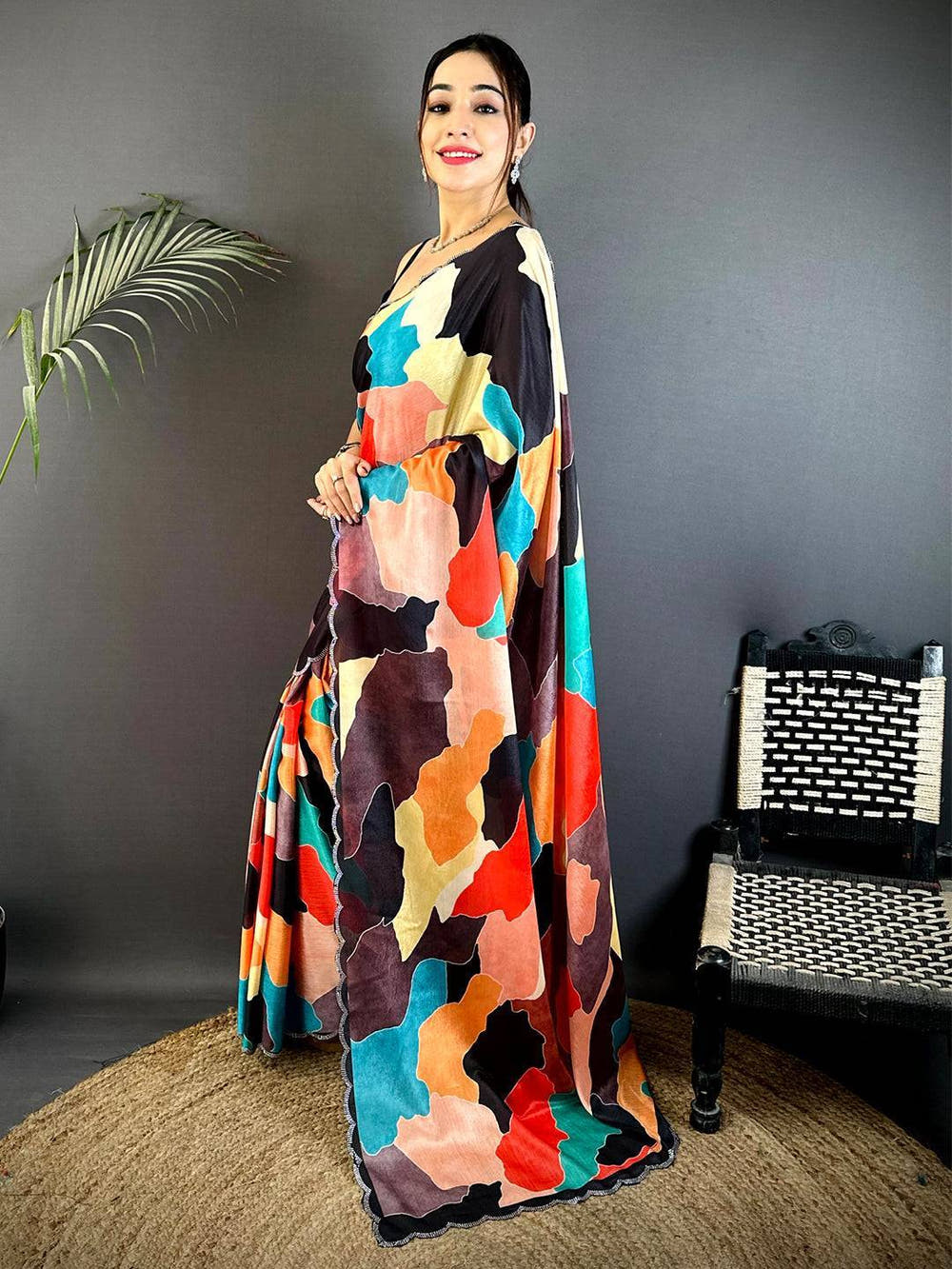 Opulent Freehand Abstract Chinnon Saree

