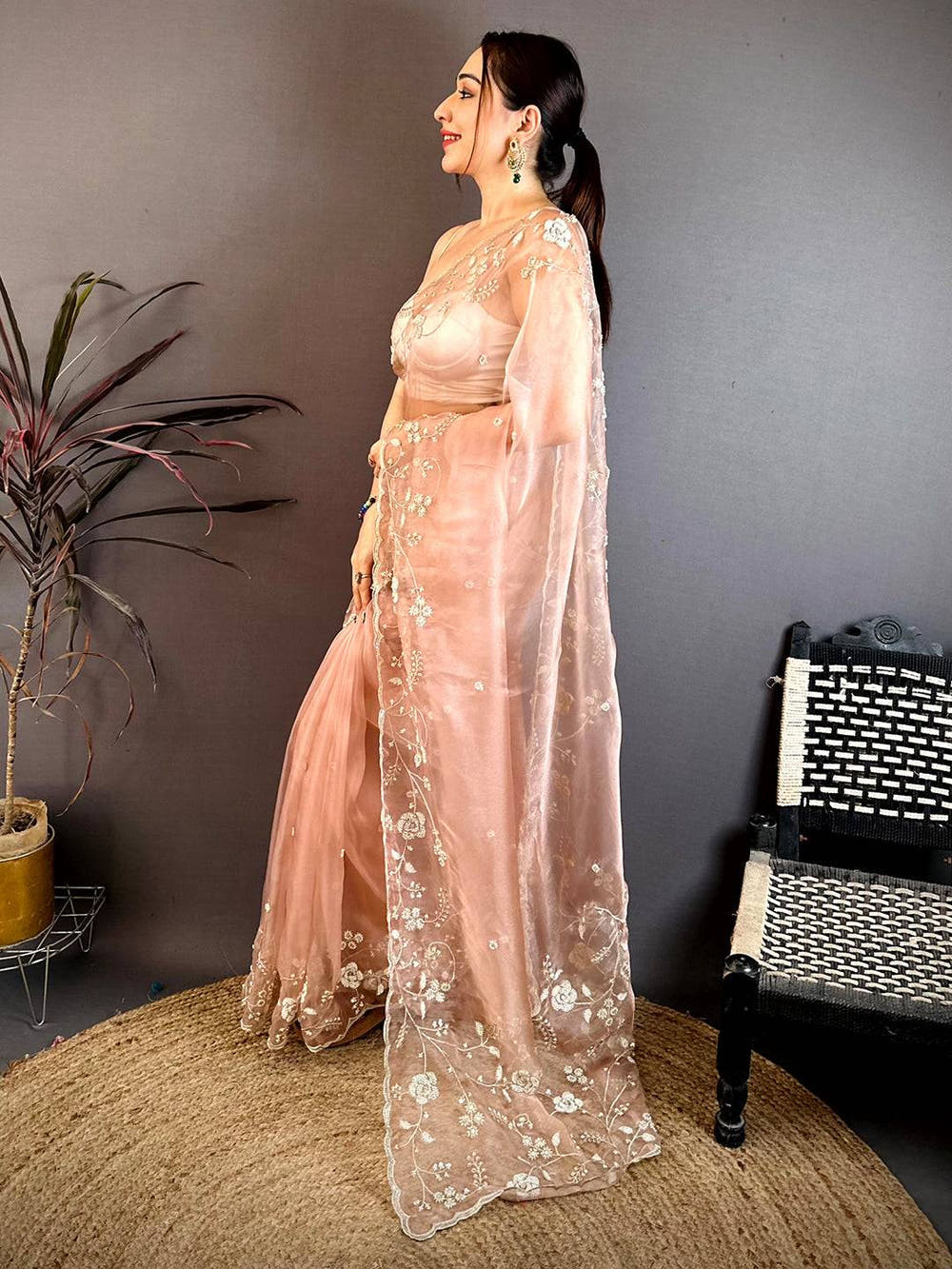 Artistic Pearl Embroidered Glass Organza Saree