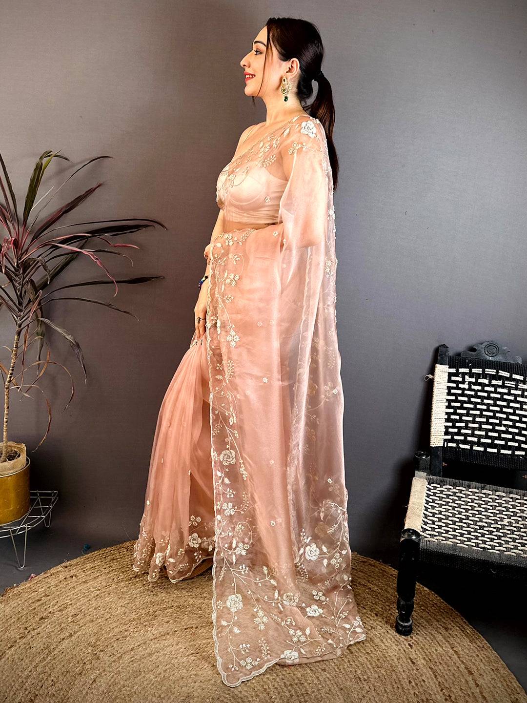 Artistic Pearl Embroidered Glass Organza Saree