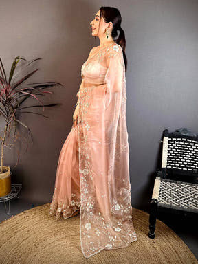 Artistic Pearl Embroidered Glass Organza Saree