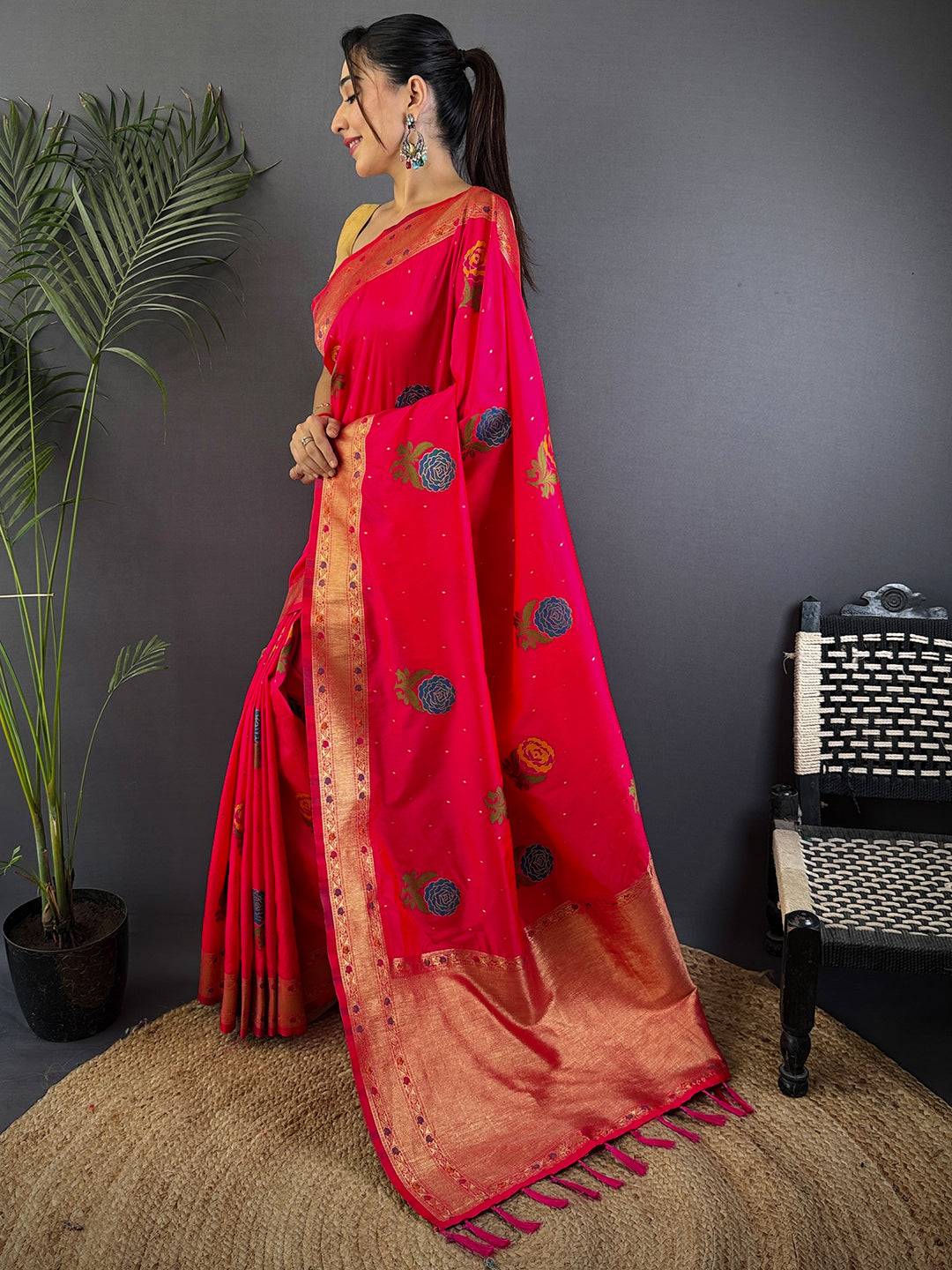 Pink Soft Silk Flowerport Minakari Saree

