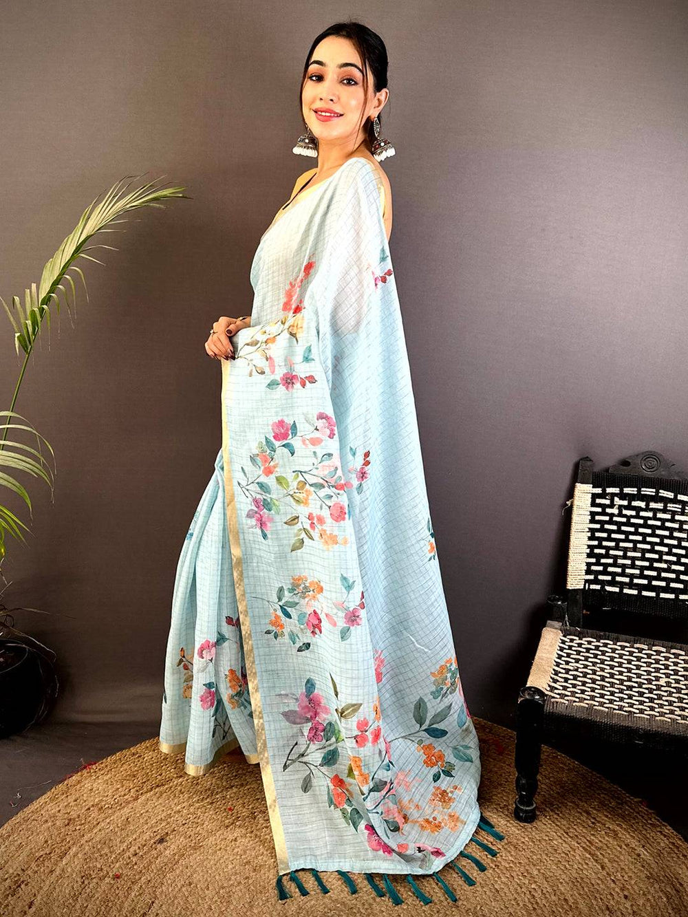 Sky Blue Linen Chex Floral Saree