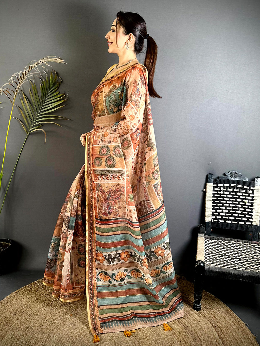 Heritage Minakari Kalamkari Linen Saree