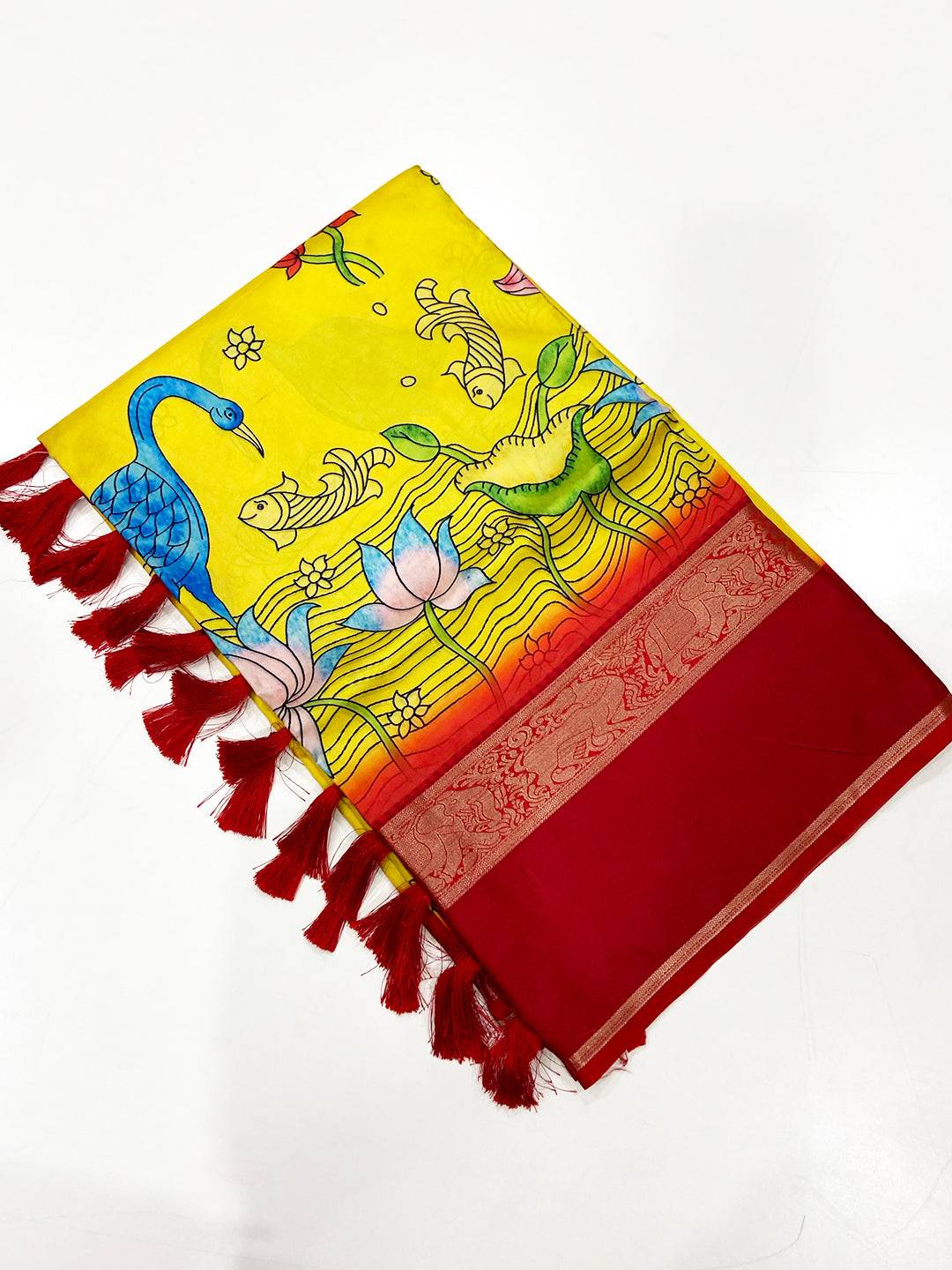 Vibrant Yellow Banarasi Kalamkari Silk Saree