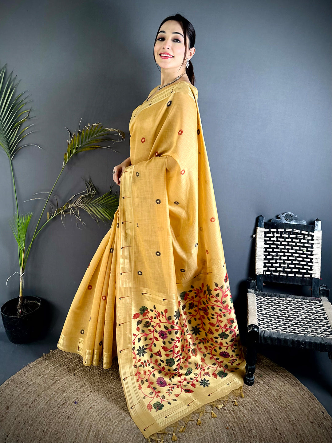 Aura Yellow Minakari Butti Linen Saree