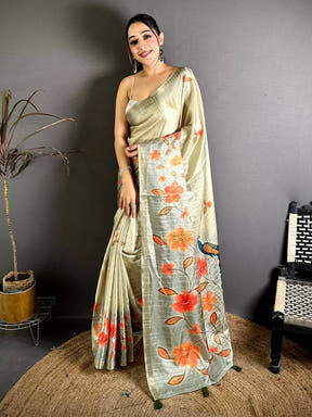 Vibrant Ghicha Silk Printed Tussar Saree