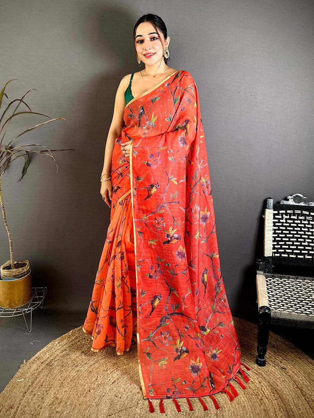 Designer Linen Chanderi Digital Bird Saree