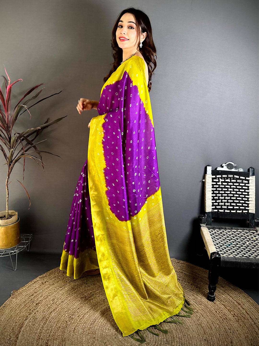 Purple Bandhej Printed Dola Silk Saree