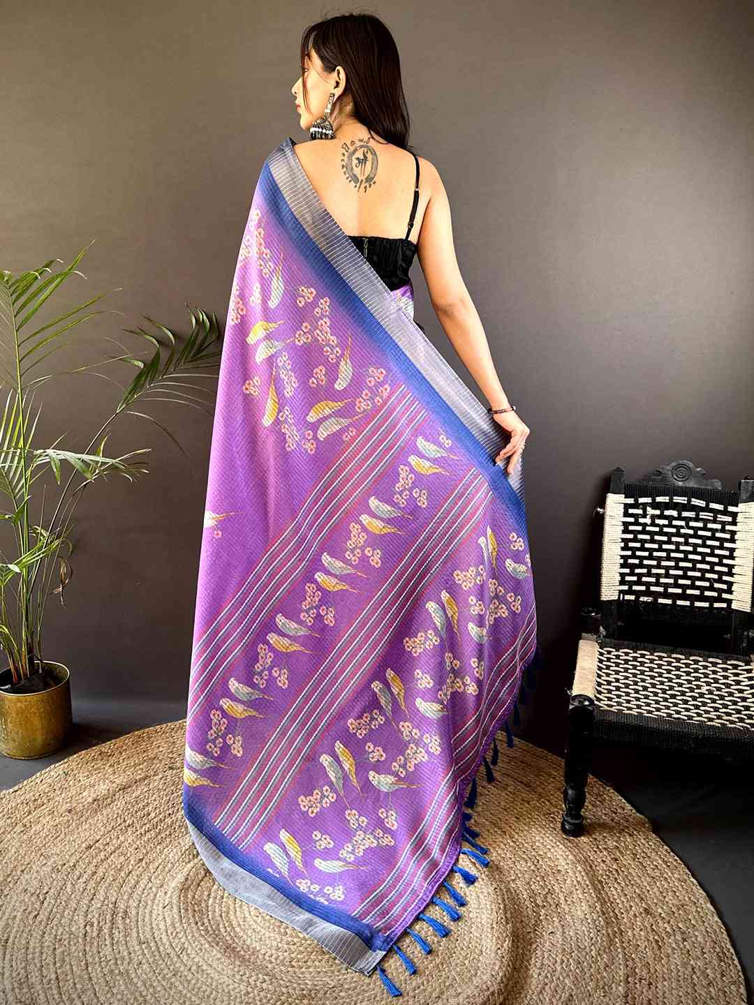 Lavender Chanderi Check Sparrow Print Saree
