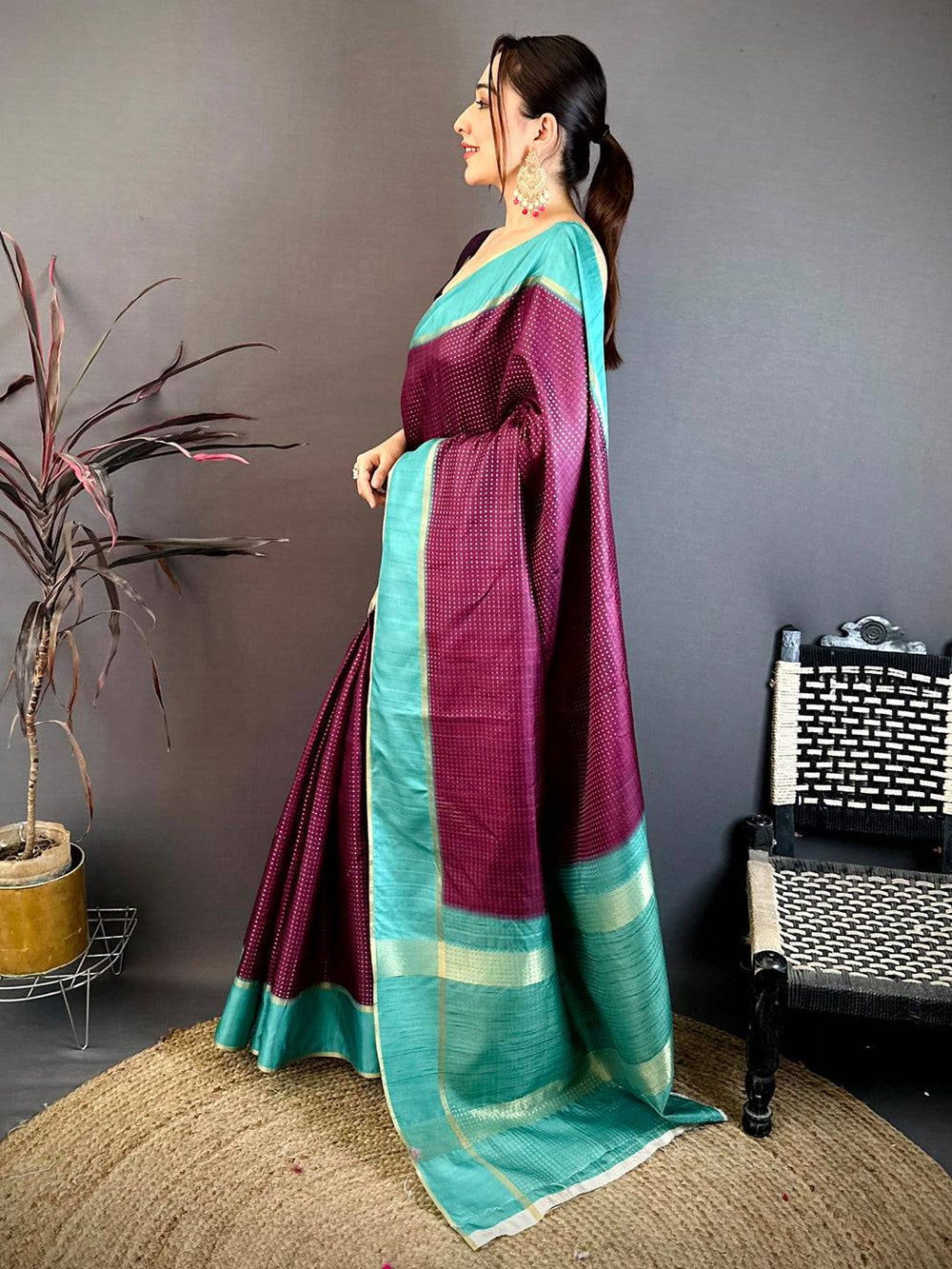 Wine Tussar Gold Zari 1000 Butti Saree