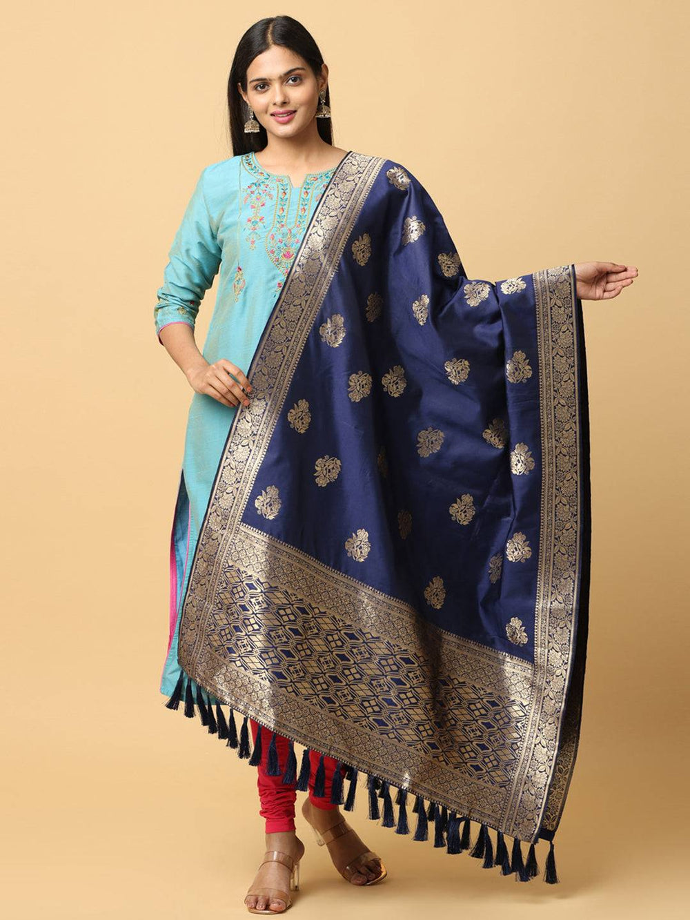 Navy silk blend dupatta with woven design and resham tassels