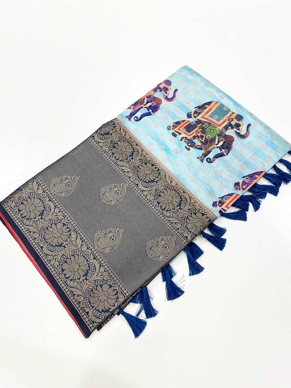 Sky Blue Digital Elephant Motifs Banarasi Saree