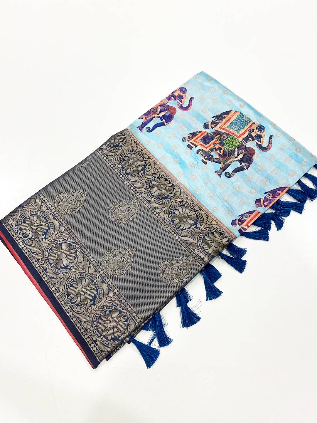 Sky Blue Digital Elephant Motifs Banarasi Saree