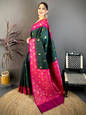 Close-up of Deep Green Soft Silk Kanjivaram Saree with Pink and Gold Floral Pattern