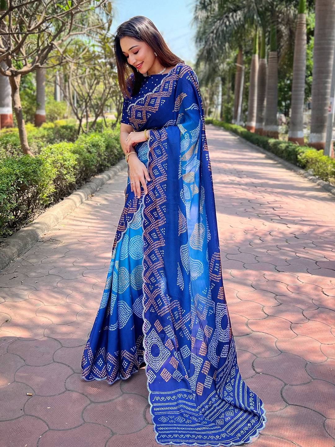 Georgette Silk Saree with Ombre Bandhej Print & Stone Work
