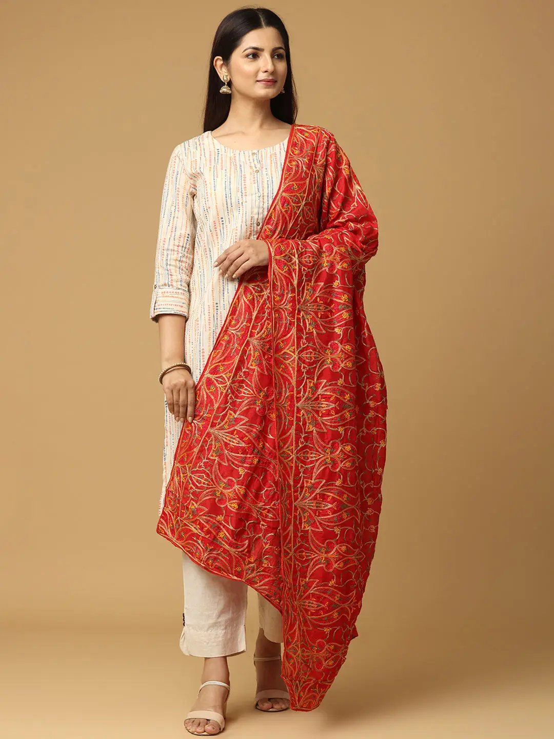 Front view of Red Poly Chiffon Pashmina Dupatta