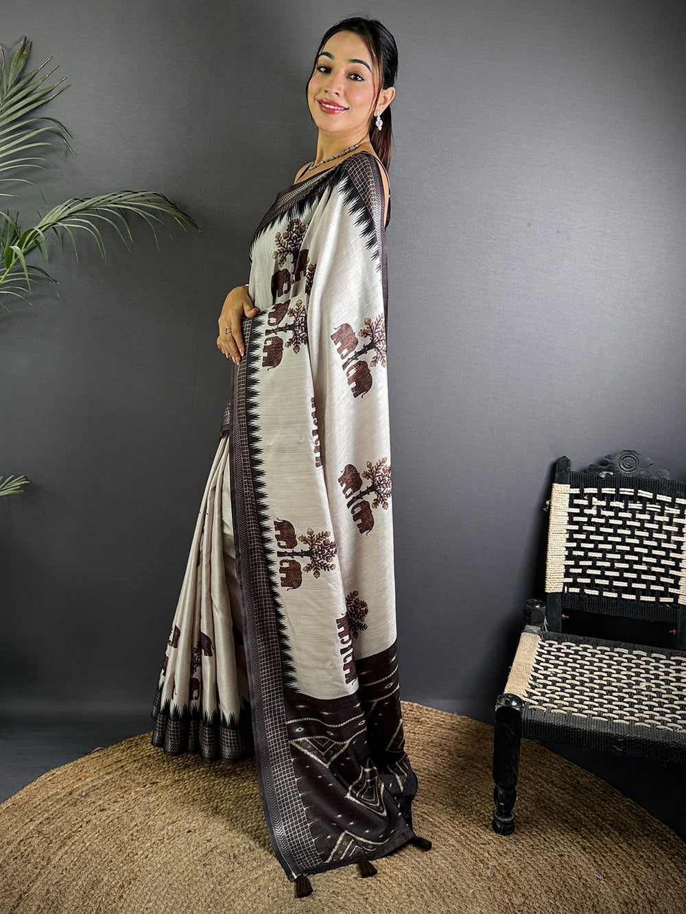 Block Printed Coffee Brown Ghicha Silk Saree