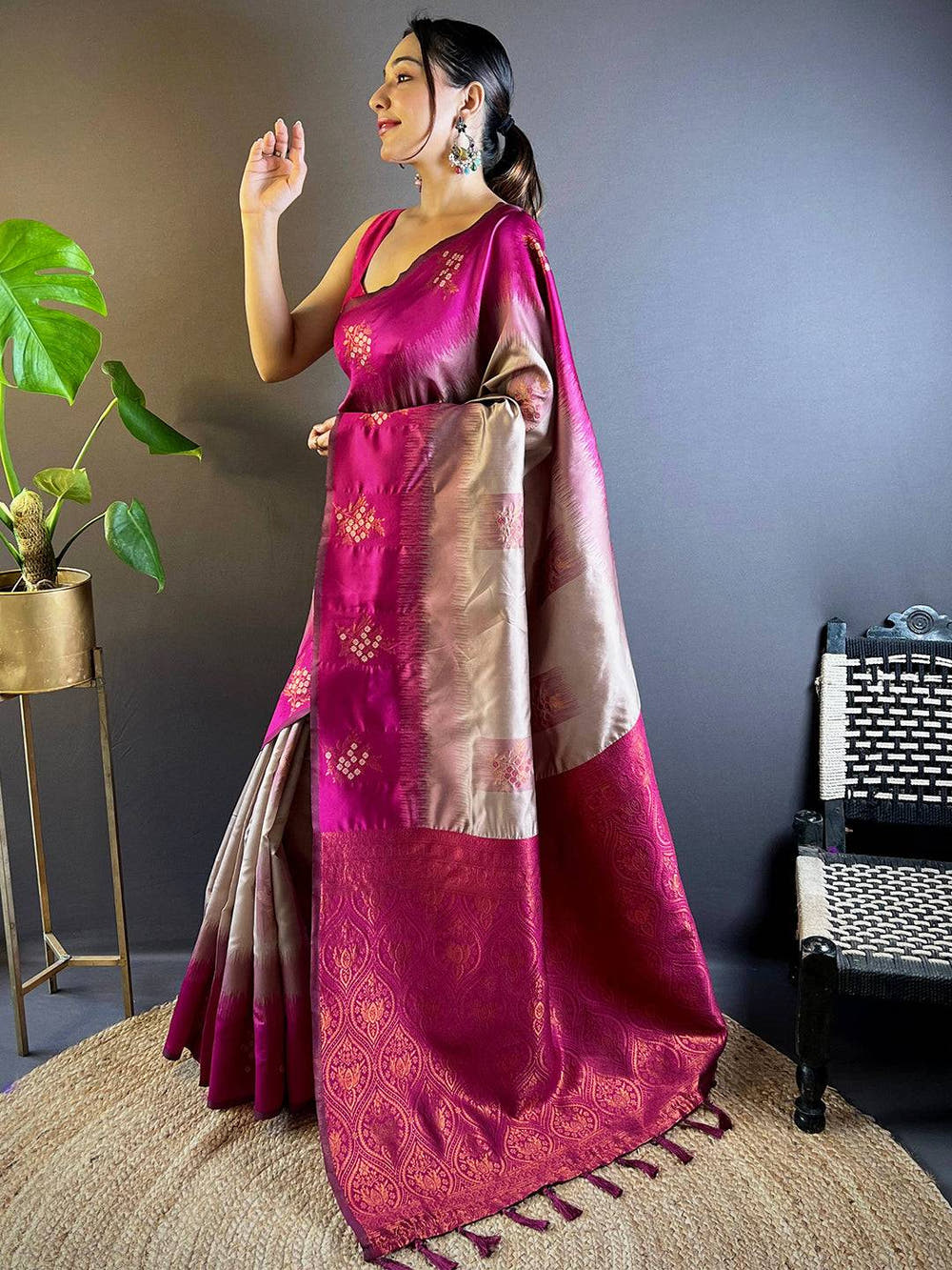Magenta Sami Banarasi Tussar Silk Saree

