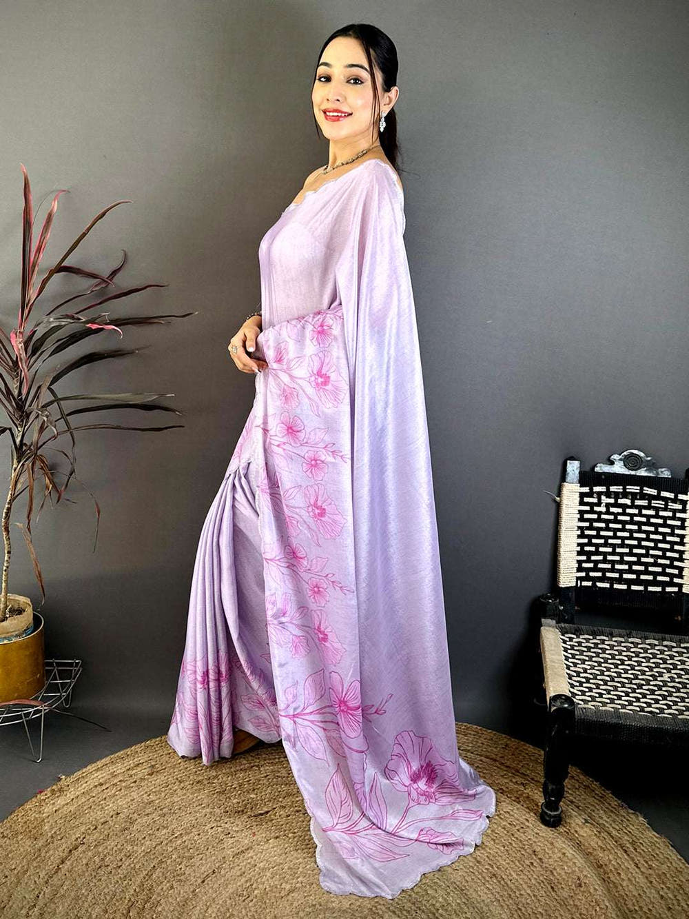 Elegant lavender floral print chiffon saree for festive and wedding occasions
