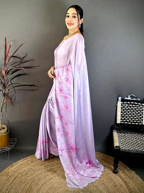 Elegant lavender floral print chiffon saree for festive and wedding occasions