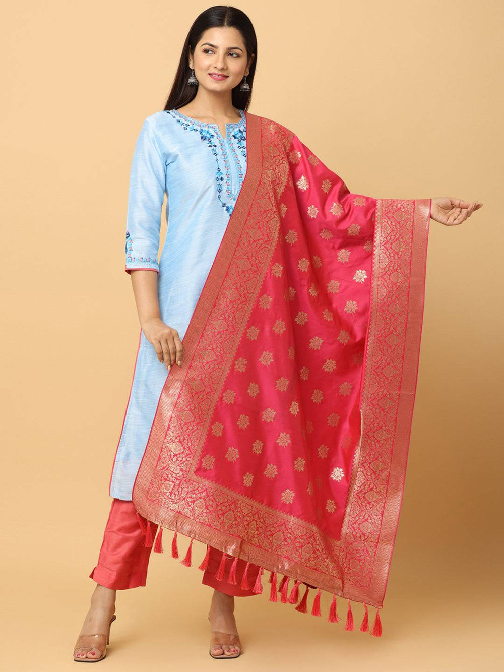 Silk blend rani dupatta with intricate woven design