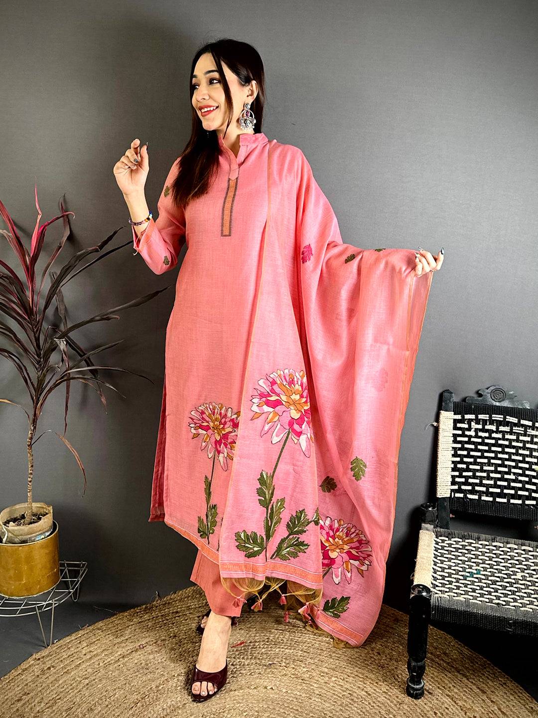 Salmon Pink Floral Cotton Dress


