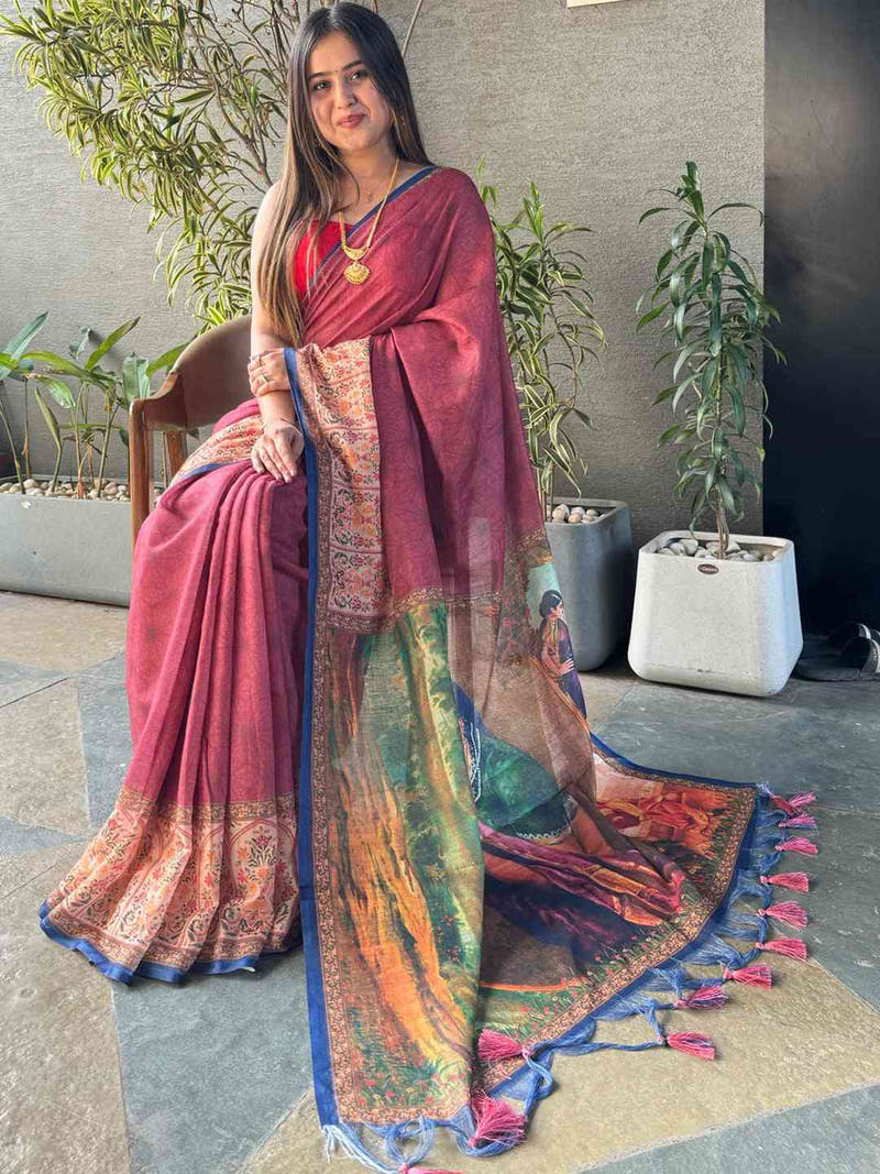Burgundy Ikkat saree with kalamkari design, seated pose