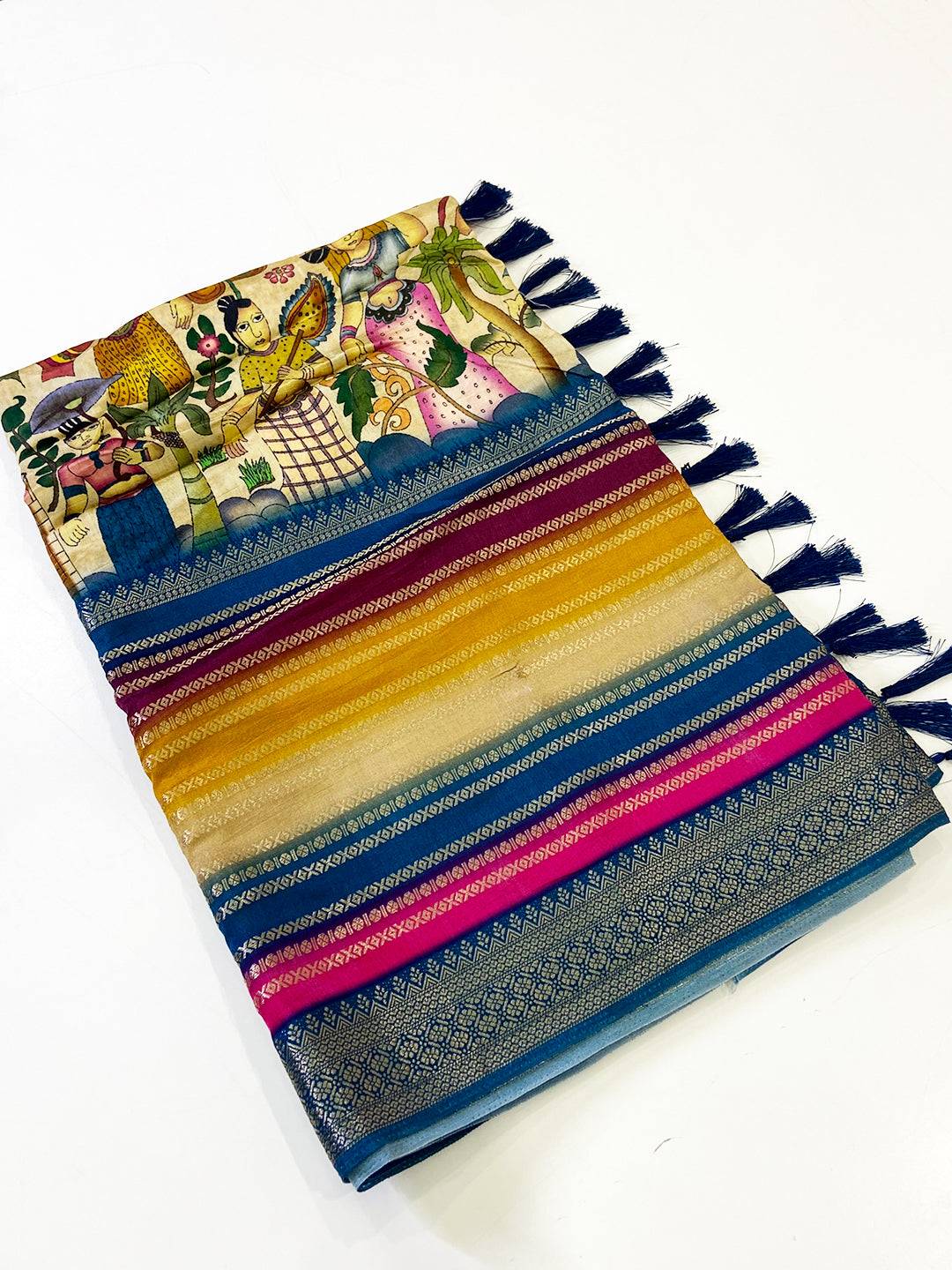 Radiant Soft Silk Kalamkari Zari Stripe Saree
