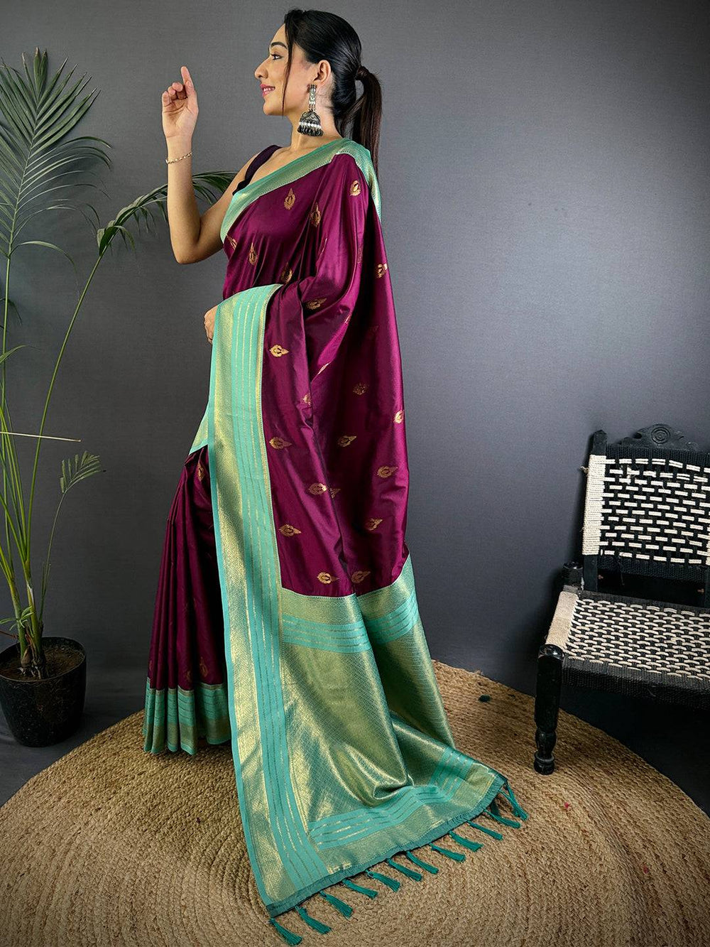 Royal Wine Soft Silk Tilak Butti Saree