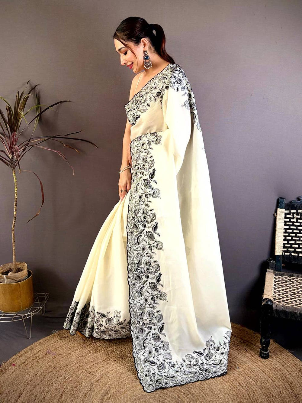 Elegant Half White Embroidered Border Saree