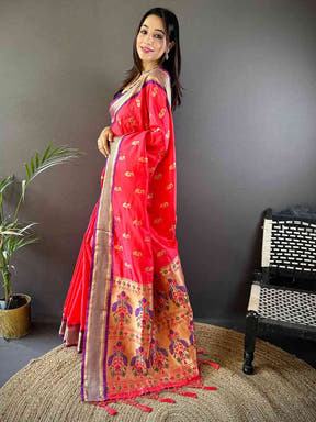 Traditonal Gajri Colour Yevla Paithani Minakari Work Silk Saree