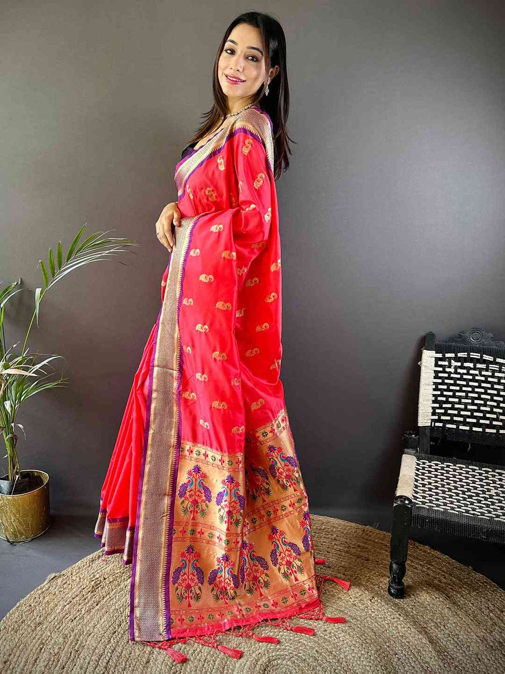Traditonal Gajri Colour Yevla Paithani Minakari Work Silk Saree